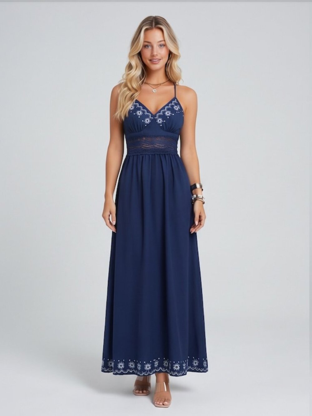Sunset Romance Backless Lace-Trimmed Halter Maxi Dress